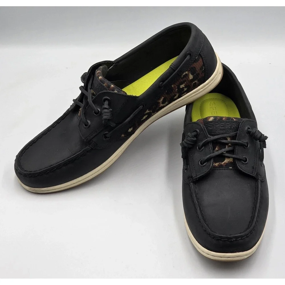Sperry Songfish Boat Shoes Womens 9.5 Black Leopard Nubuck Leather Lace Up